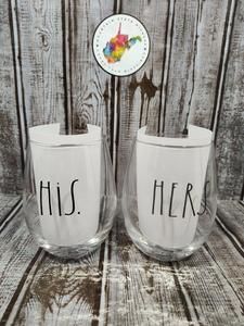 Rae Dunn Stemless Wine Glasses Set 2 His  Hers Wedding Just Married Anniversary